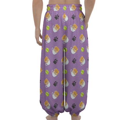 Pomeranian In Tea Cup Pattern Print Lantern Pants