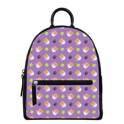 Pomeranian In Tea Cup Pattern Print Leather Backpack
