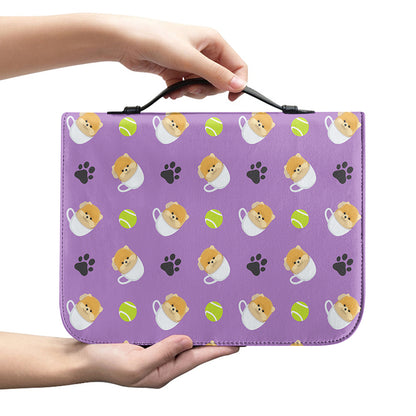 Pomeranian In Tea Cup Pattern Print Leather Bible Cover