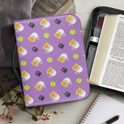 Pomeranian In Tea Cup Pattern Print Leather Bible Cover
