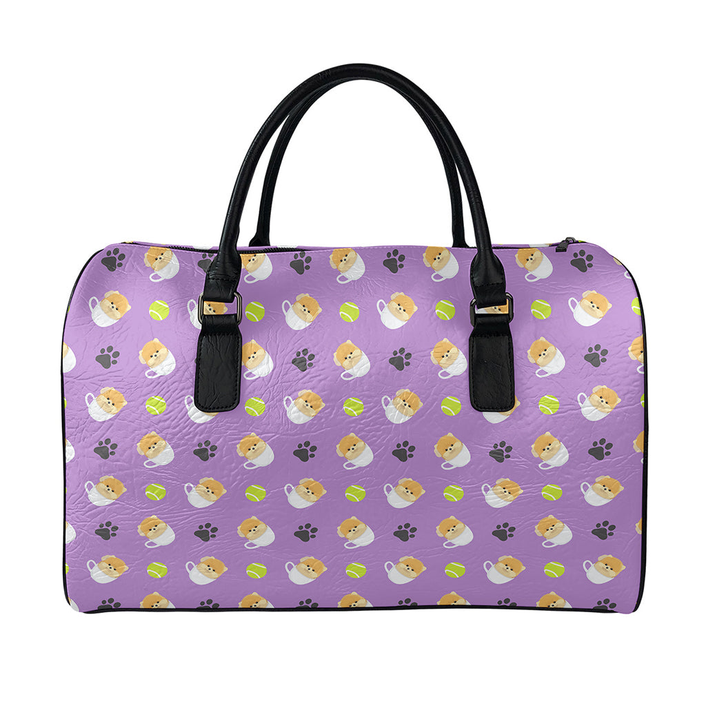 Pomeranian In Tea Cup Pattern Print Leather Duffle Bag