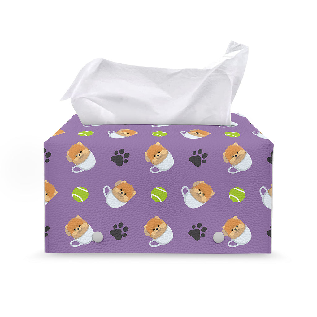 Pomeranian In Tea Cup Pattern Print Leather Tissue Box Cover