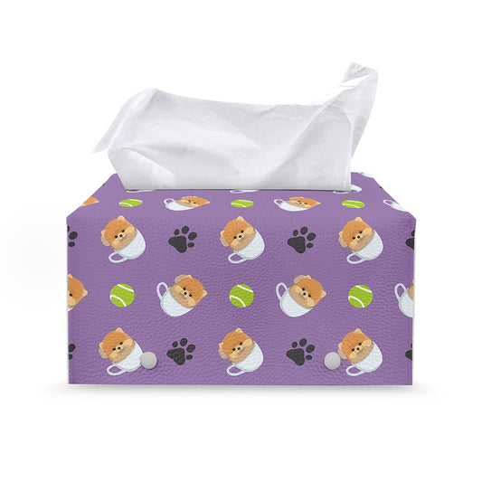 Pomeranian In Tea Cup Pattern Print Leather Tissue Box Cover