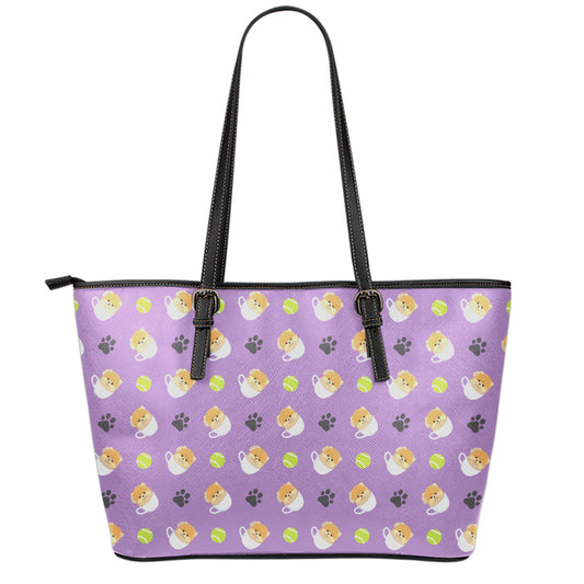 Pomeranian In Tea Cup Pattern Print Leather Tote Bag