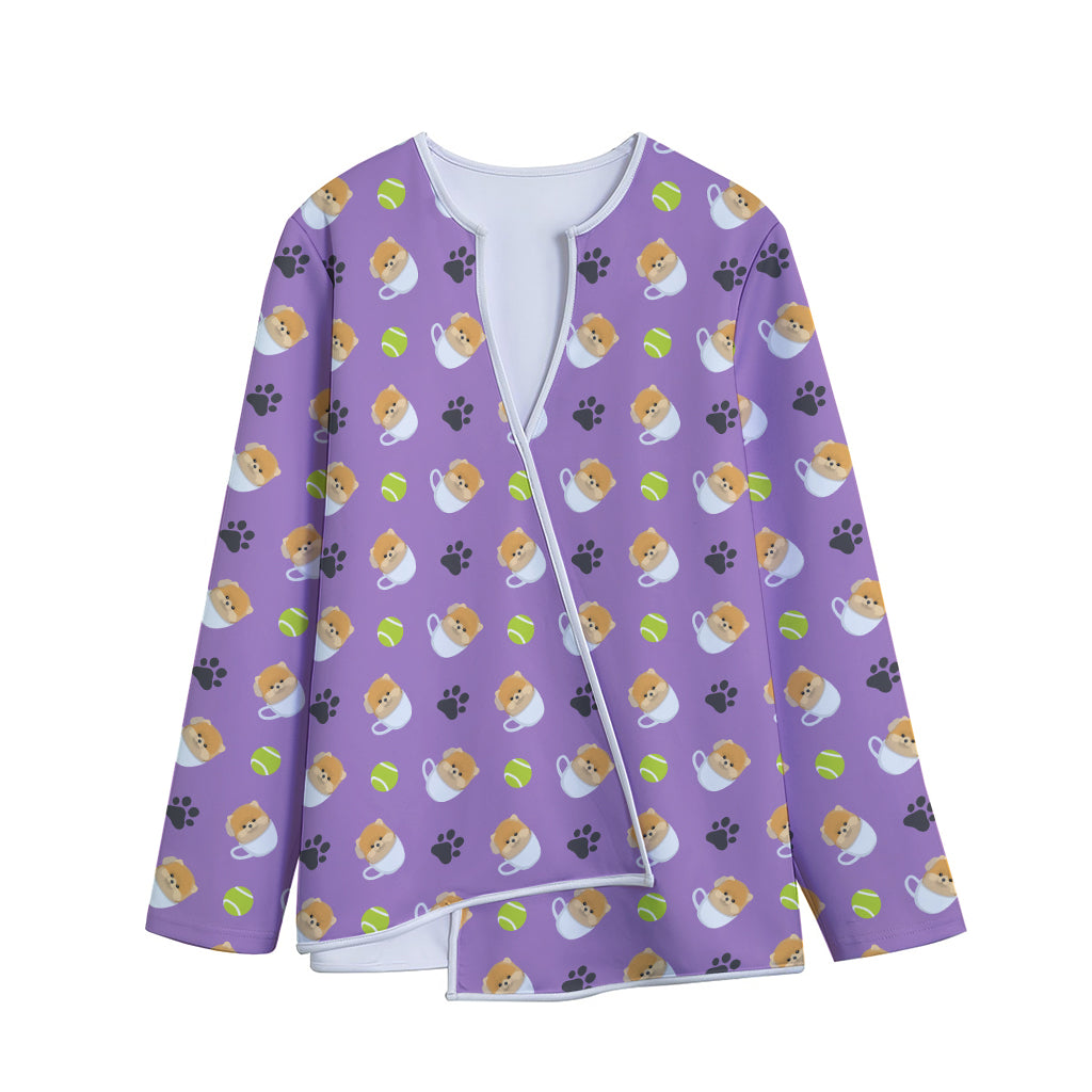 Pomeranian In Tea Cup Pattern Print Long Sleeve Short Coat