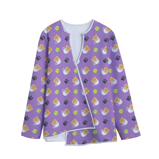 Pomeranian In Tea Cup Pattern Print Long Sleeve Short Coat