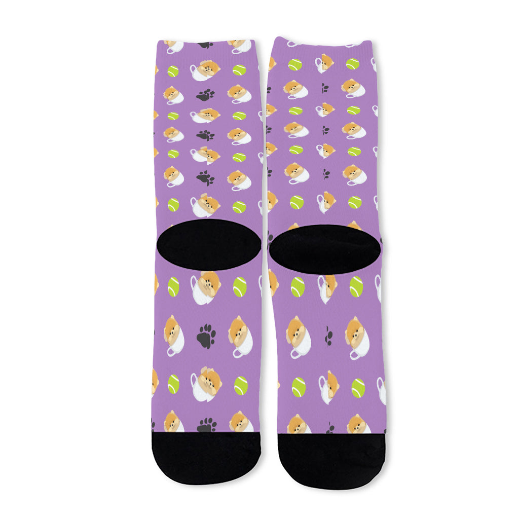 Pomeranian In Tea Cup Pattern Print Long Socks