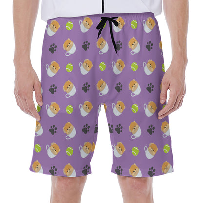 Pomeranian In Tea Cup Pattern Print Men's Beach Shorts