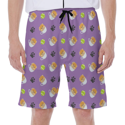 Pomeranian In Tea Cup Pattern Print Men's Beach Shorts