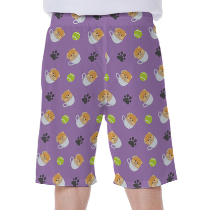 Pomeranian In Tea Cup Pattern Print Men's Beach Shorts