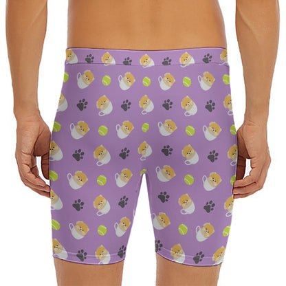 Pomeranian In Tea Cup Pattern Print Men's Long Boxer Briefs