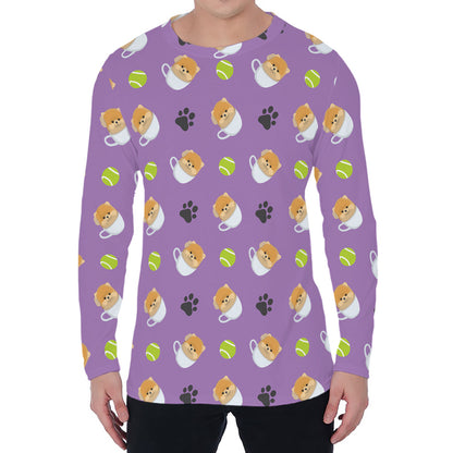 Pomeranian In Tea Cup Pattern Print Men's Long Sleeve T-Shirt