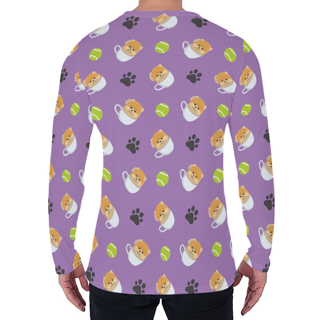 Pomeranian In Tea Cup Pattern Print Men's Long Sleeve T-Shirt