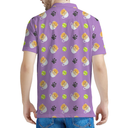 Pomeranian In Tea Cup Pattern Print Men's Polo Shirt