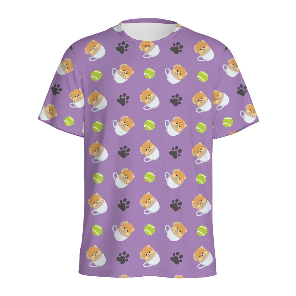 Pomeranian In Tea Cup Pattern Print Men's Sports T-Shirt