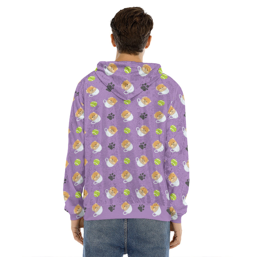 Pomeranian In Tea Cup Pattern Print Men's Velvet Pullover Hoodie