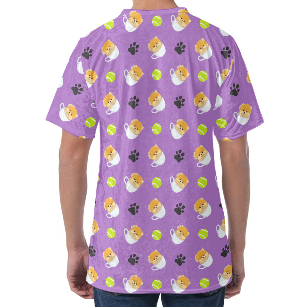 Pomeranian In Tea Cup Pattern Print Men's Velvet T-Shirt