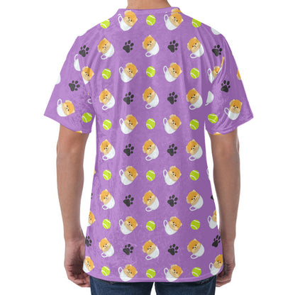 Pomeranian In Tea Cup Pattern Print Men's Velvet T-Shirt