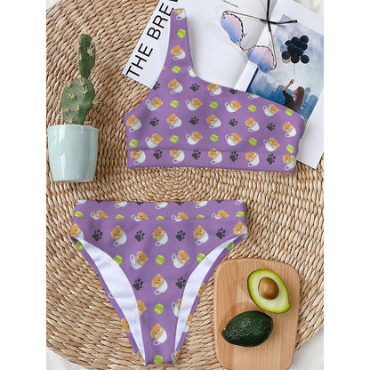 Pomeranian In Tea Cup Pattern Print One Shoulder Bikini Top