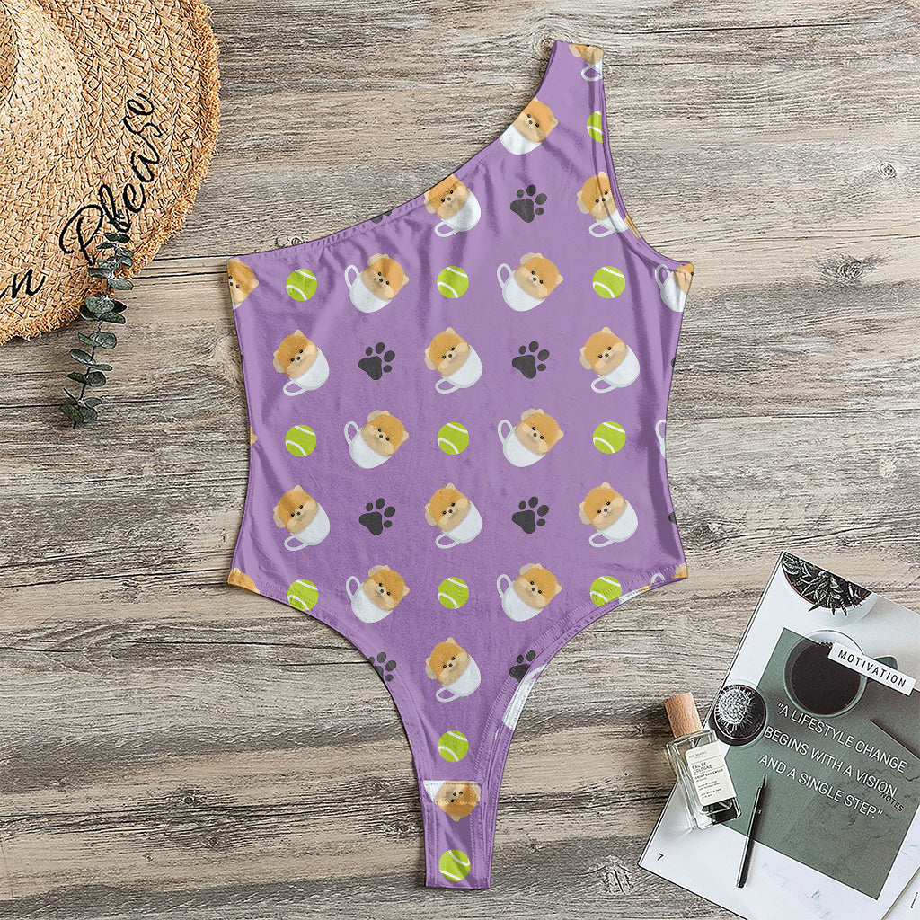 Pomeranian In Tea Cup Pattern Print One Shoulder Bodysuit