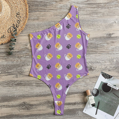Pomeranian In Tea Cup Pattern Print One Shoulder Bodysuit