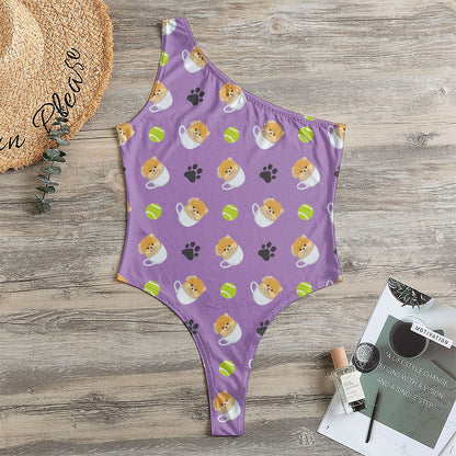 Pomeranian In Tea Cup Pattern Print One Shoulder Bodysuit
