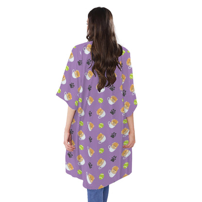 Pomeranian In Tea Cup Pattern Print Open Front Beach Cover Up