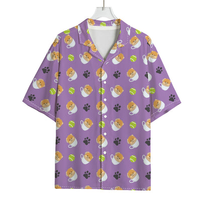Pomeranian In Tea Cup Pattern Print Rayon Hawaiian Shirt