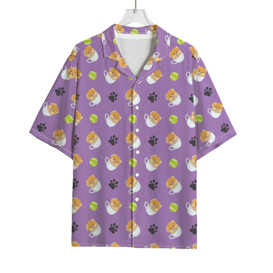Pomeranian In Tea Cup Pattern Print Rayon Hawaiian Shirt