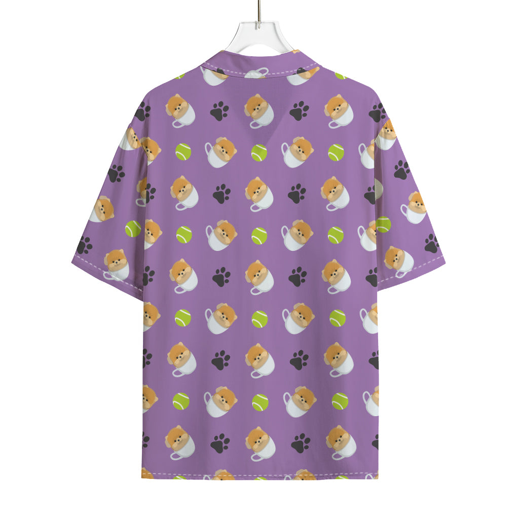 Pomeranian In Tea Cup Pattern Print Rayon Hawaiian Shirt