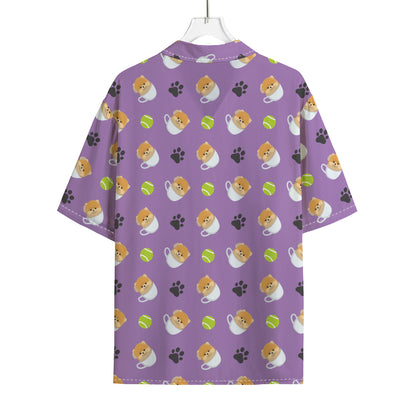 Pomeranian In Tea Cup Pattern Print Rayon Hawaiian Shirt