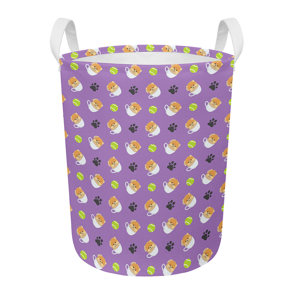 Pomeranian In Tea Cup Pattern Print Round Laundry Basket