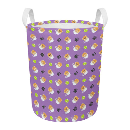 Pomeranian In Tea Cup Pattern Print Round Laundry Basket