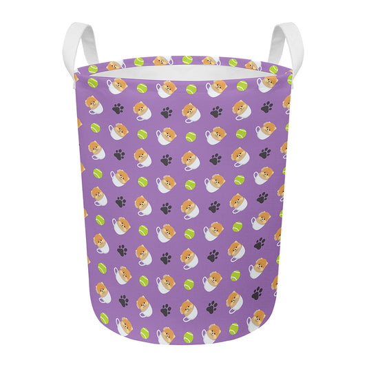 Pomeranian In Tea Cup Pattern Print Round Laundry Basket