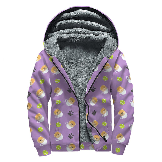 Pomeranian In Tea Cup Pattern Print Sherpa Lined Zip Up Hoodie