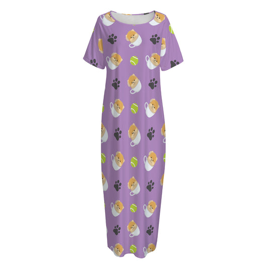Pomeranian In Tea Cup Pattern Print Short Sleeve Long Nightdress