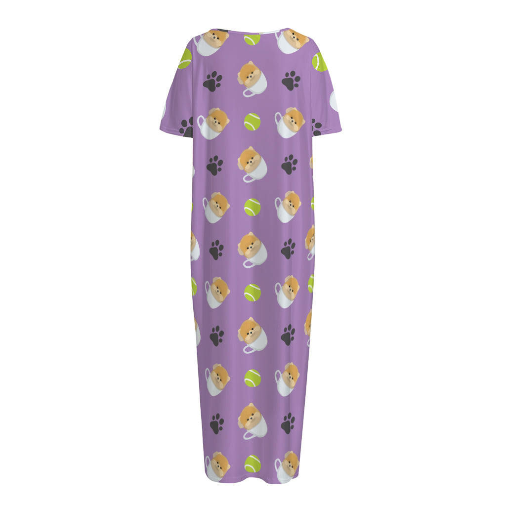 Pomeranian In Tea Cup Pattern Print Short Sleeve Long Nightdress