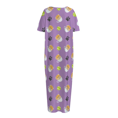 Pomeranian In Tea Cup Pattern Print Short Sleeve Long Nightdress