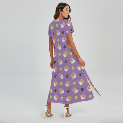 Pomeranian In Tea Cup Pattern Print Short Sleeve Maxi Dress