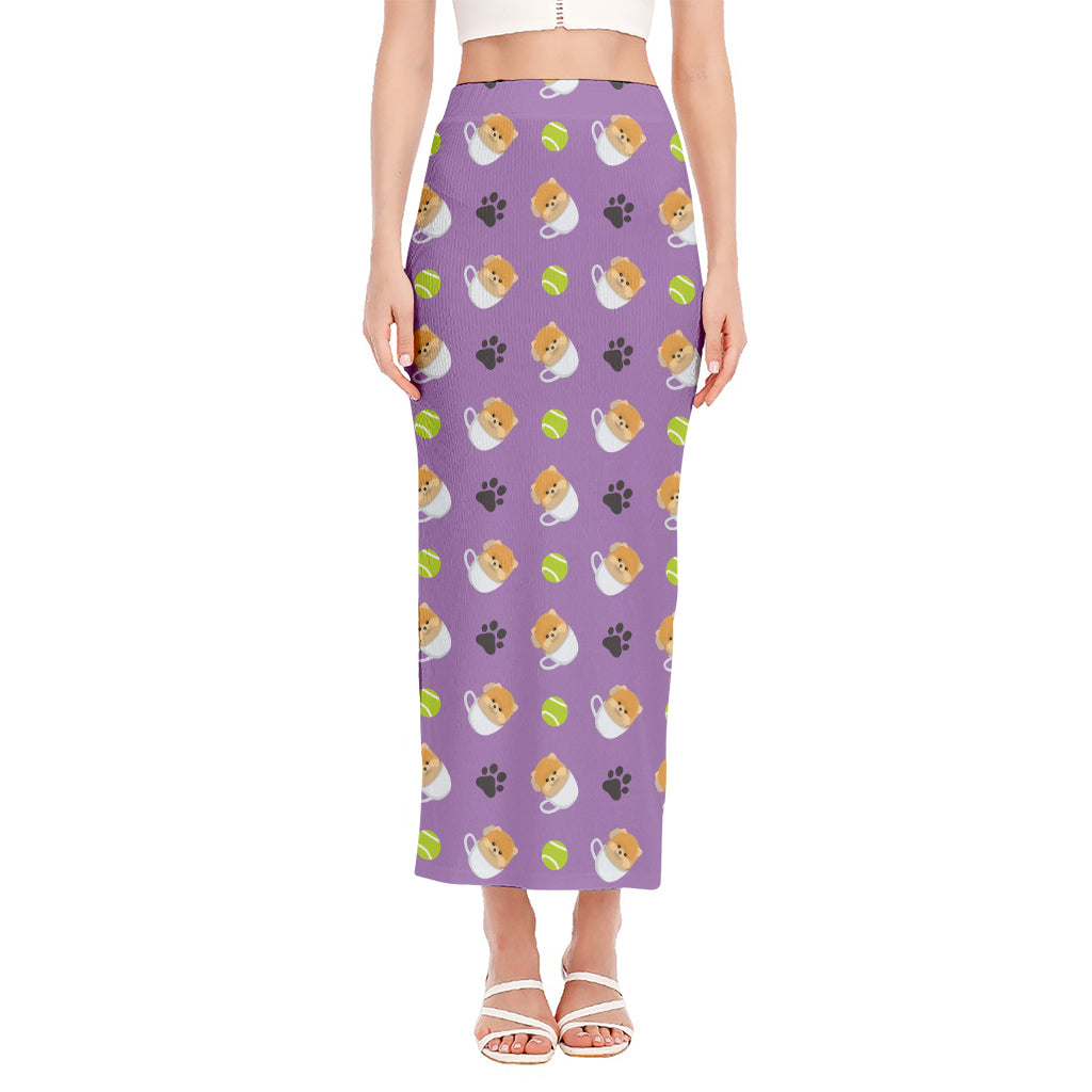 Pomeranian In Tea Cup Pattern Print Side Slit Maxi Skirt