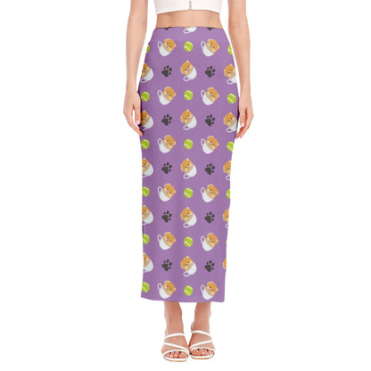 Pomeranian In Tea Cup Pattern Print Side Slit Maxi Skirt