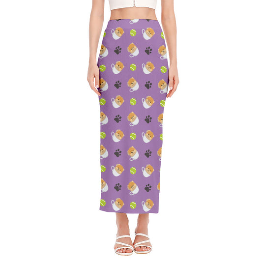 Pomeranian In Tea Cup Pattern Print Side Slit Maxi Skirt