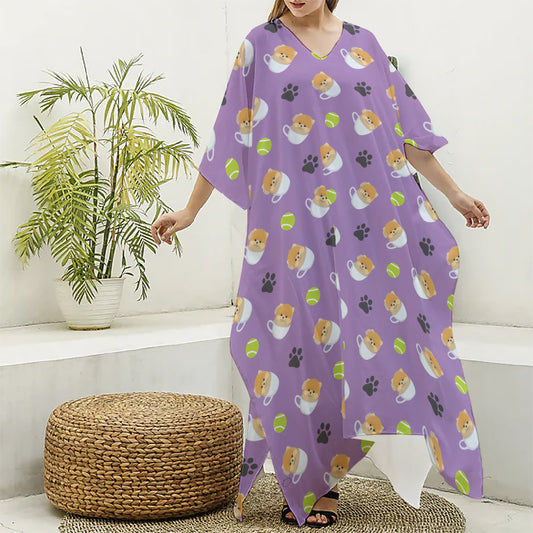 Pomeranian In Tea Cup Pattern Print Silk V-Neck Kaftan Dress