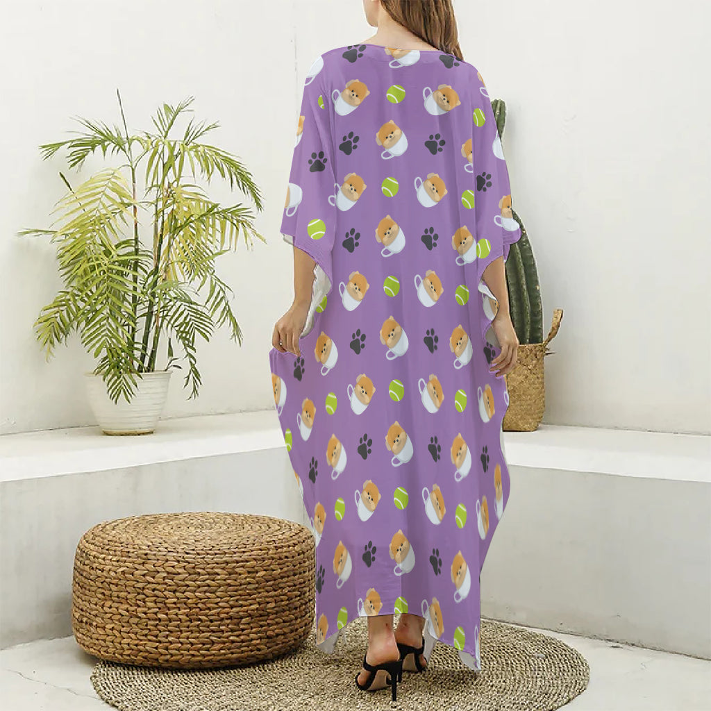 Pomeranian In Tea Cup Pattern Print Silk V-Neck Kaftan Dress