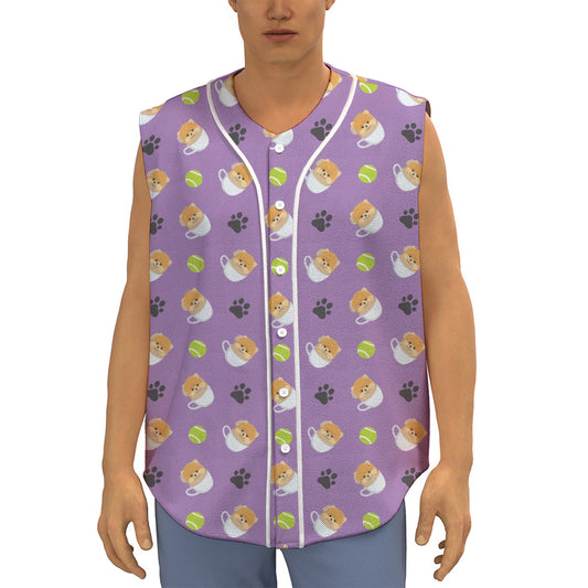 Pomeranian In Tea Cup Pattern Print Sleeveless Baseball Jersey