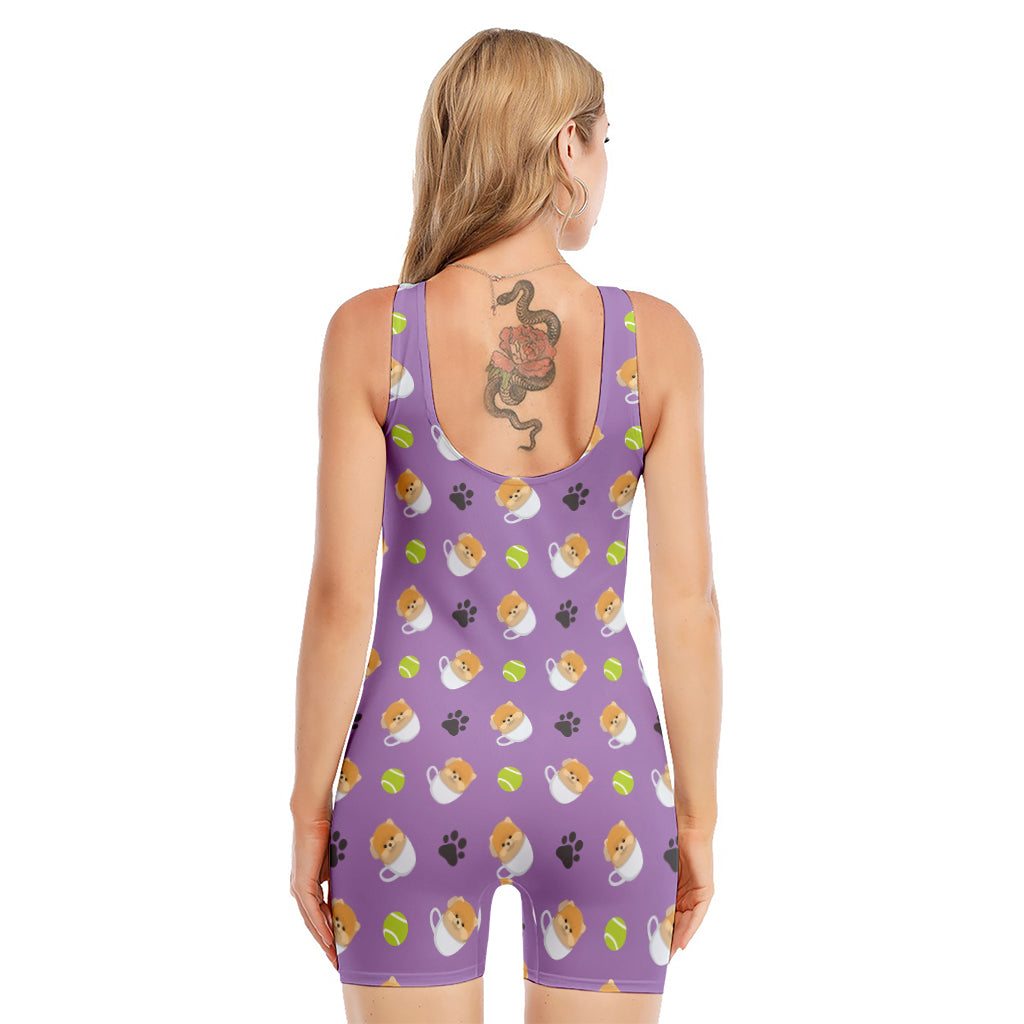 Pomeranian In Tea Cup Pattern Print Sleeveless One Piece Swimsuit