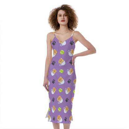 Pomeranian In Tea Cup Pattern Print Slim Fit Midi Cami Dress