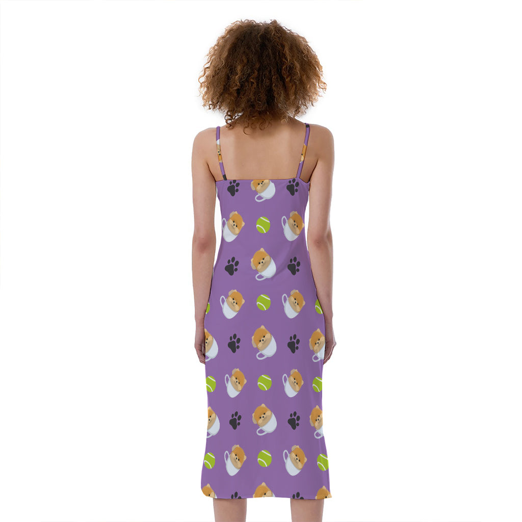 Pomeranian In Tea Cup Pattern Print Slim Fit Midi Cami Dress