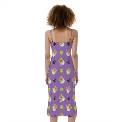 Pomeranian In Tea Cup Pattern Print Slim Fit Midi Cami Dress