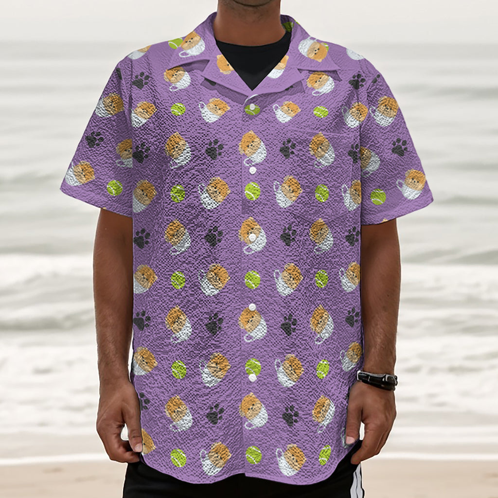 Pomeranian In Tea Cup Pattern Print Textured Short Sleeve Shirt
